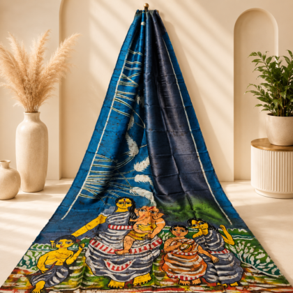 Blue Green Batik Silk Saree with Traditional Folk Art Design