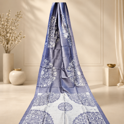 Lavender Blue Batik Silk Saree with white Batik motifs
