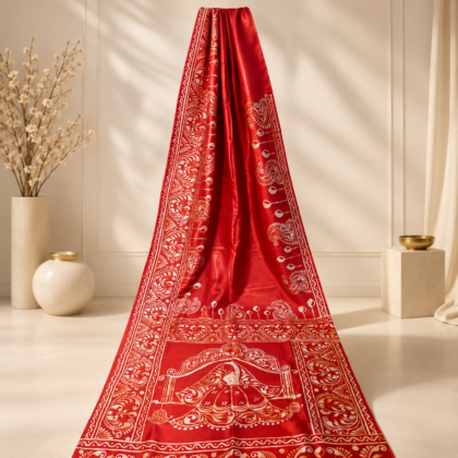 Red pure silk batik saree with off-white traditional artwork
