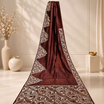 Maroon Batik Silk Saree with Traditional Ivory Motifs