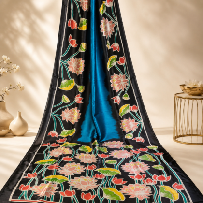 Black batik silk saree with blue panel and floral batik design