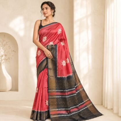 Bishnupuri hand painted silk saree in cream and green with traditional batik motifs