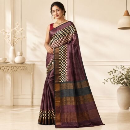 Plum Tussar Silk Saree