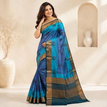 Teal Blue Tussar Silk Saree with Floral Motifs and Metallic Border