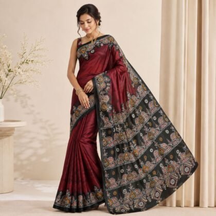 Bishnupuri hand painted silk saree in 3-ply pure silk