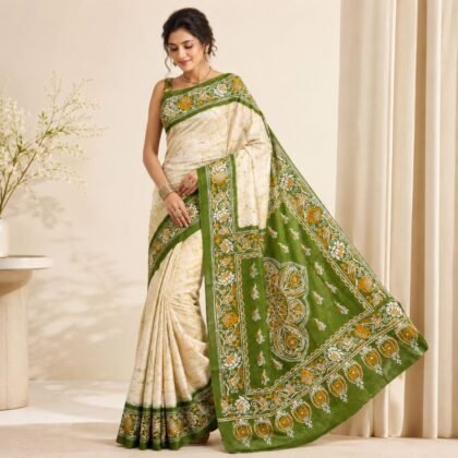 Bishnupuri hand painted silk saree in cream and green with traditional batik motifs
