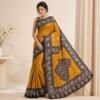 Mustard Bishnupuri hand painted silk saree with black batik border