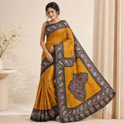 Mustard Bishnupuri hand painted silk saree with black batik border