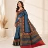 Blue Tussar Silk Saree with Traditional Multicolour Motifs