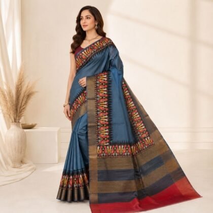 Blue Tussar Silk Saree with Traditional Multicolour Motifs