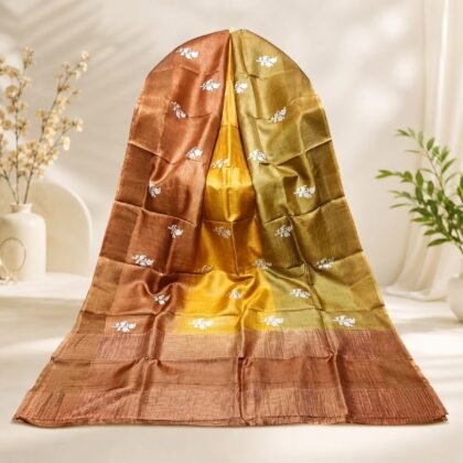 Copper brown and golden Tussar silk saree with white floral motifs