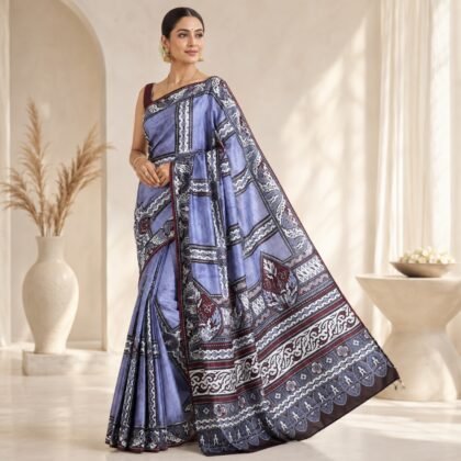 Indigo maroon heritage print silk saree with intricate traditional motifs
