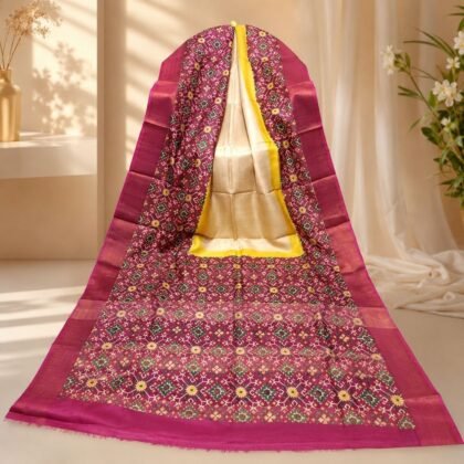 Magenta Tussar Silk Saree with floral and geometric motifs