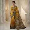 Mustard Bisnupuri batik silk saree with traditional artistic prints