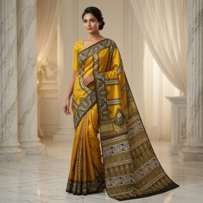 Mustard Bisnupuri batik silk saree with traditional artistic prints