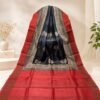 Red black Tussar silk saree with traditional patterned pallu