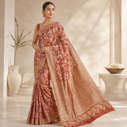 Rust terracotta motif silk saree with ivory detailing and beige-gold border