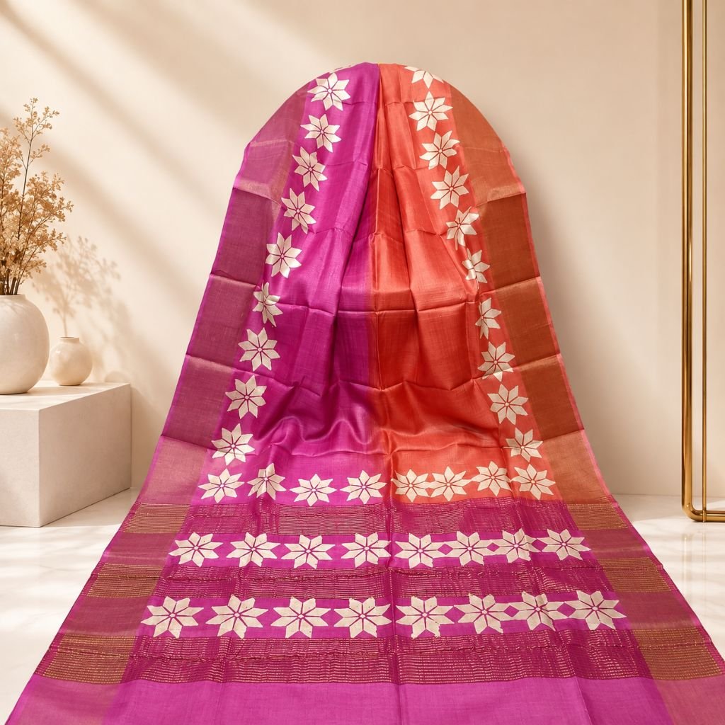 Silk Mark Certified Tussar Silk Saree in magenta and coral with cream floral motifs