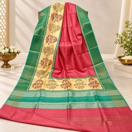 Silk Mark certified pink green and cream Tussar silk saree with floral motifs