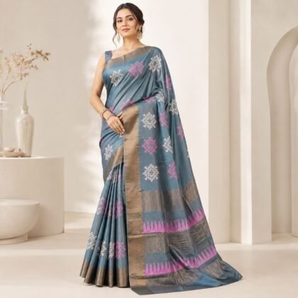Teal blue Tussar silk saree with pink and white traditional motifs and metallic gold-toned border