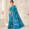 Teal Blue Tussar Silk Saree with White Leaf Motifs