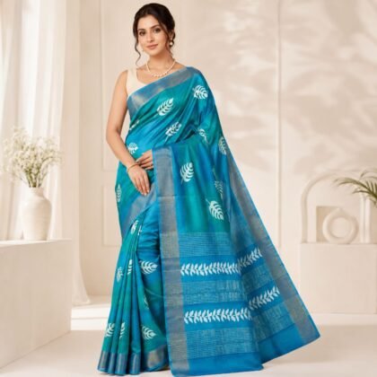 Teal Blue Tussar Silk Saree with White Leaf Motifs