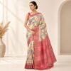 Silk Mark Certified Tussar Silk Saree with multicolour botanical motifs and rose pink border