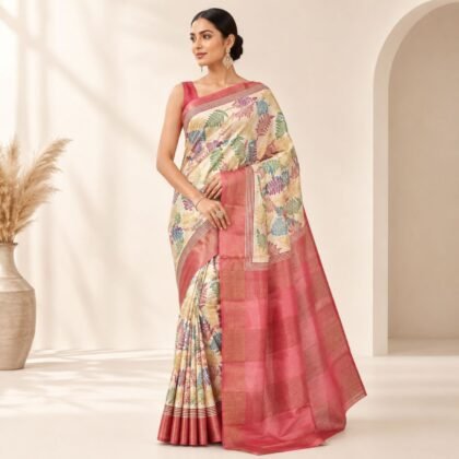 Silk Mark Certified Tussar Silk Saree with multicolour botanical motifs and rose pink border