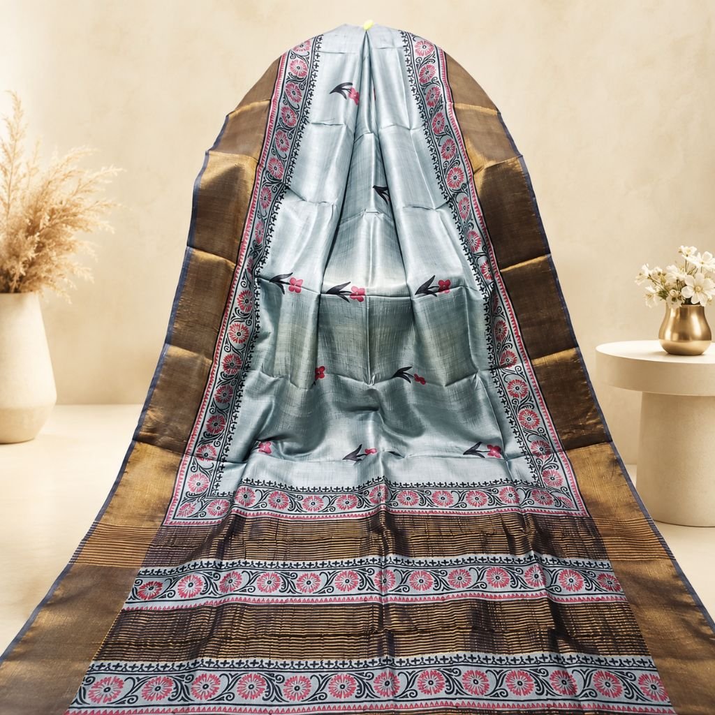 Teal Blue Tussar Silk Saree with Floral Motifs & Metallic Border (Copy) - Image 2