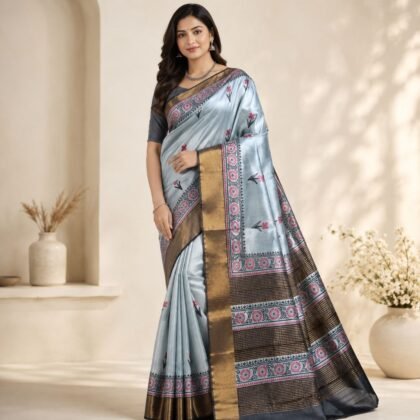 Tussar Silk Saree with Floral Border – Silk Mark Certified