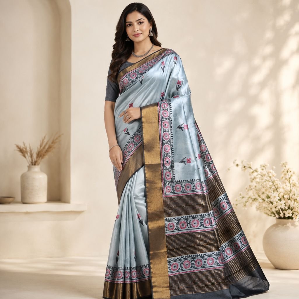 Tussar Silk Saree with Floral Border – Silk Mark Certified