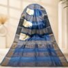 Blue Tussar Silk Saree with cream motifs and horizontal stripe design