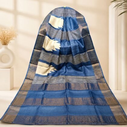Blue Tussar Silk Saree with cream motifs and horizontal stripe design