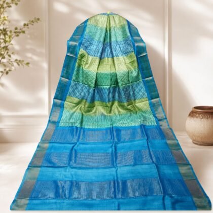 Blue Green Tussar Silk Saree with Chevron Pattern