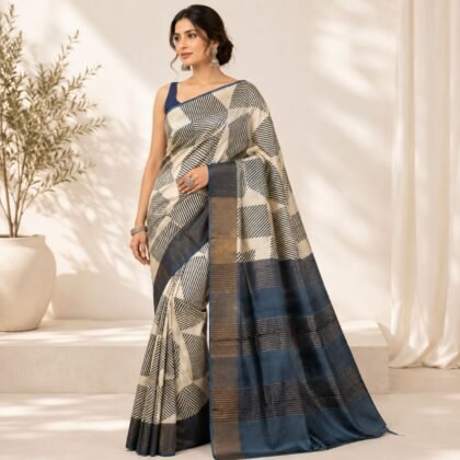 Cream Tussar Silk Saree with black geometric motifs and blue border