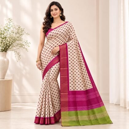 Cream Tussar Silk Saree with Magenta Border and Green Pallu