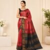 Silk Mark Certified red Tussar silk saree with black paisley motifs and antique gold border
