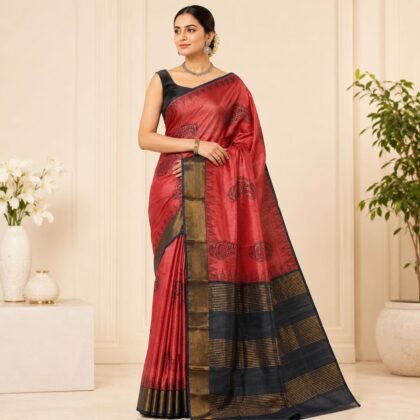 Silk Mark Certified red Tussar silk saree with black paisley motifs and antique gold border